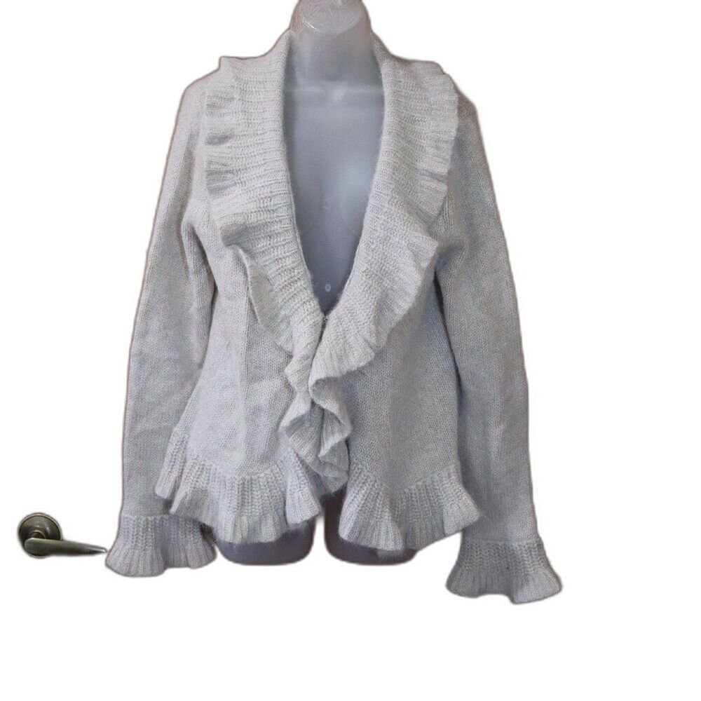 Sarah Spencer Light Gray Marled Ruffle Front Cropped Cardigan Sweater XL Angora